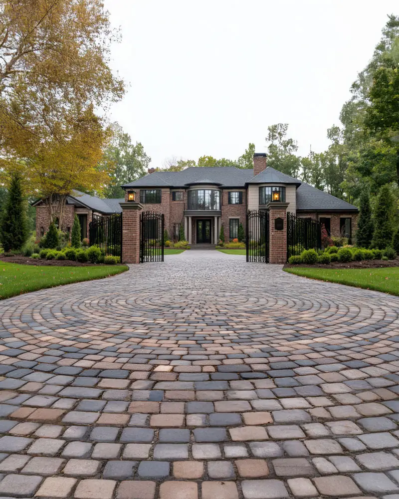 Luxury Home Driveway with Circular Cobblestone.
