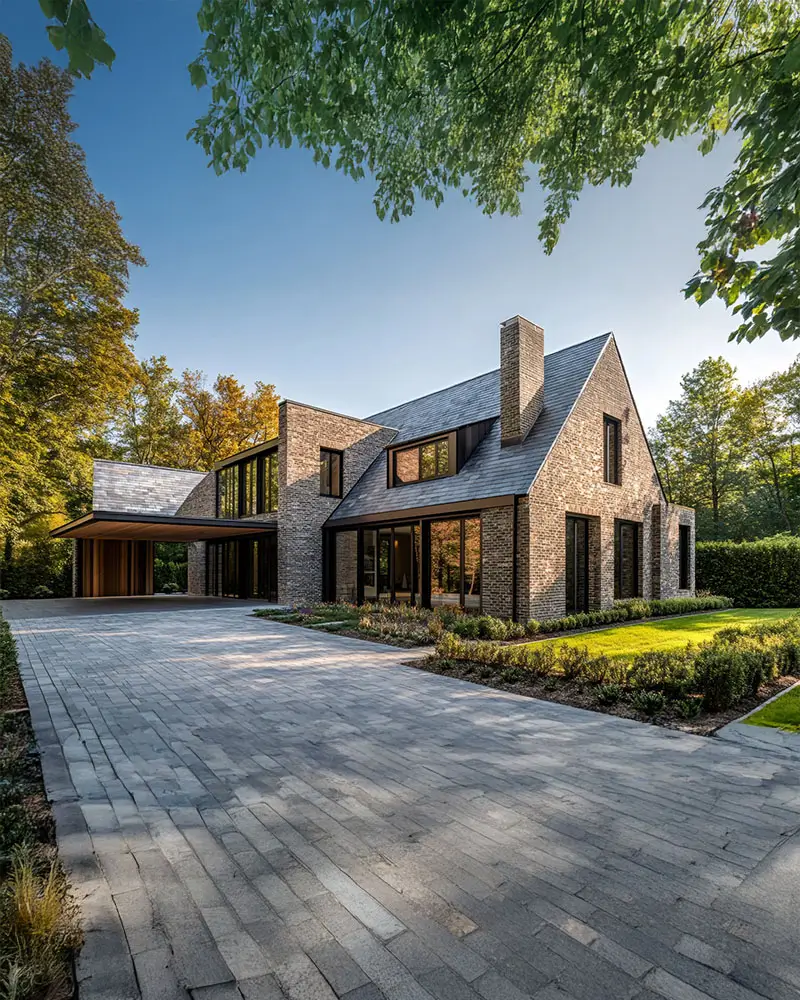 Modern brick house with slate roof and chimney nestled in forest.